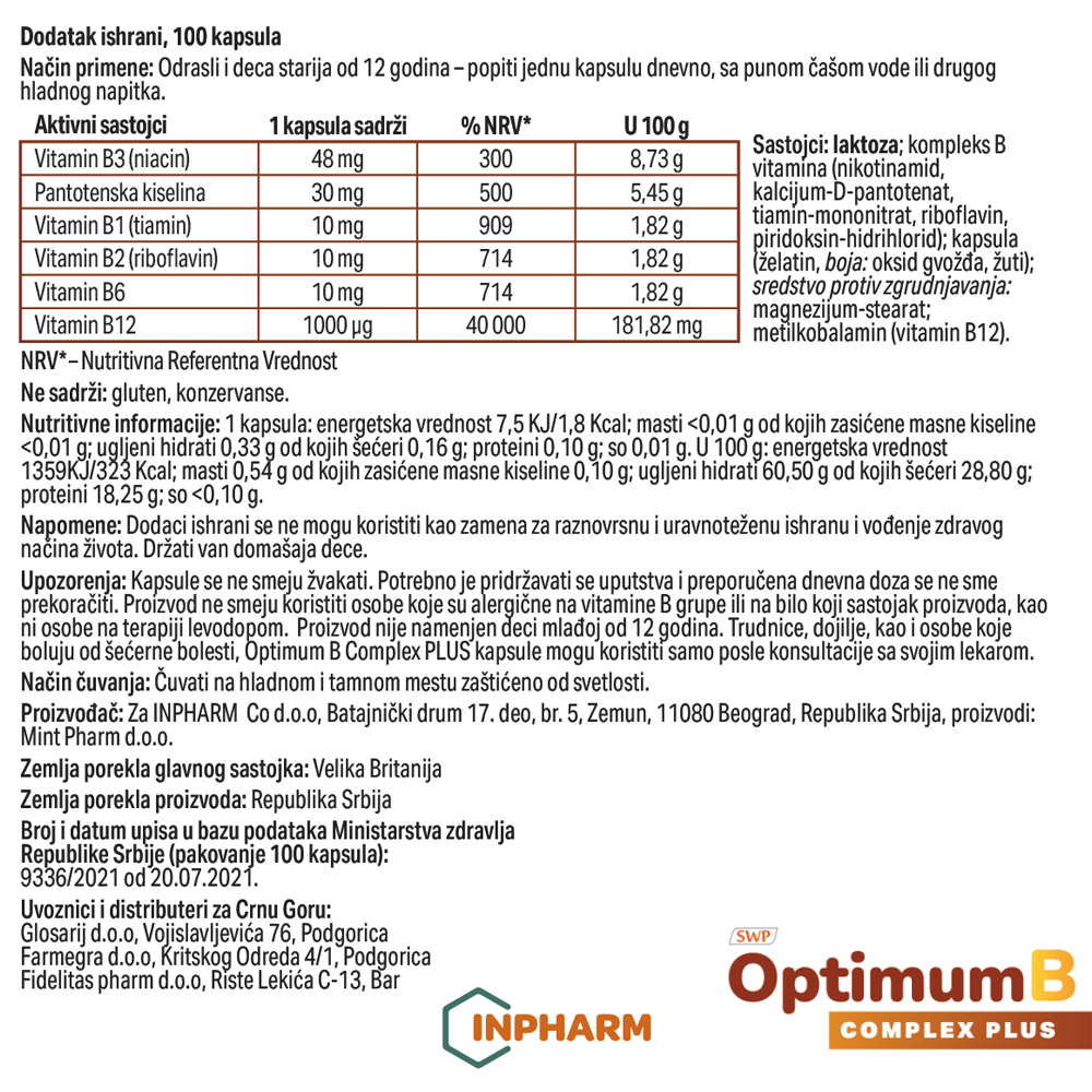 OPTIMUM B COMPLEX PLUS, kompleks B vitamina, 100 kapsula - Image 2