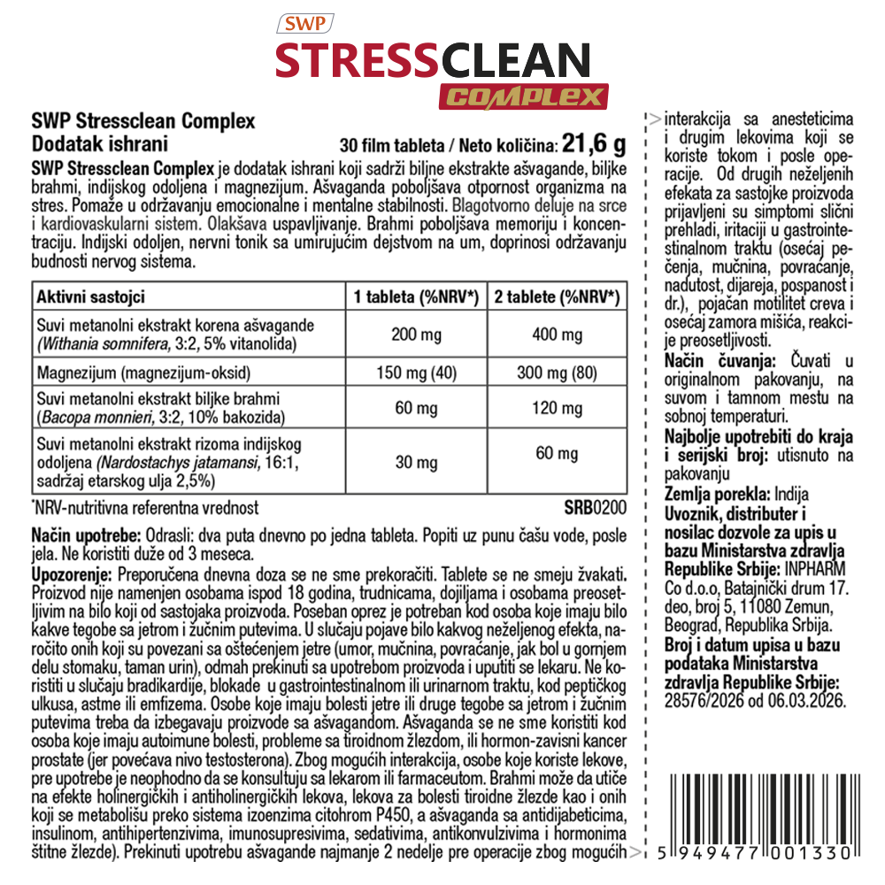 Stressclean Complex, SWP, asvaganda, 30 tableta - Image 3